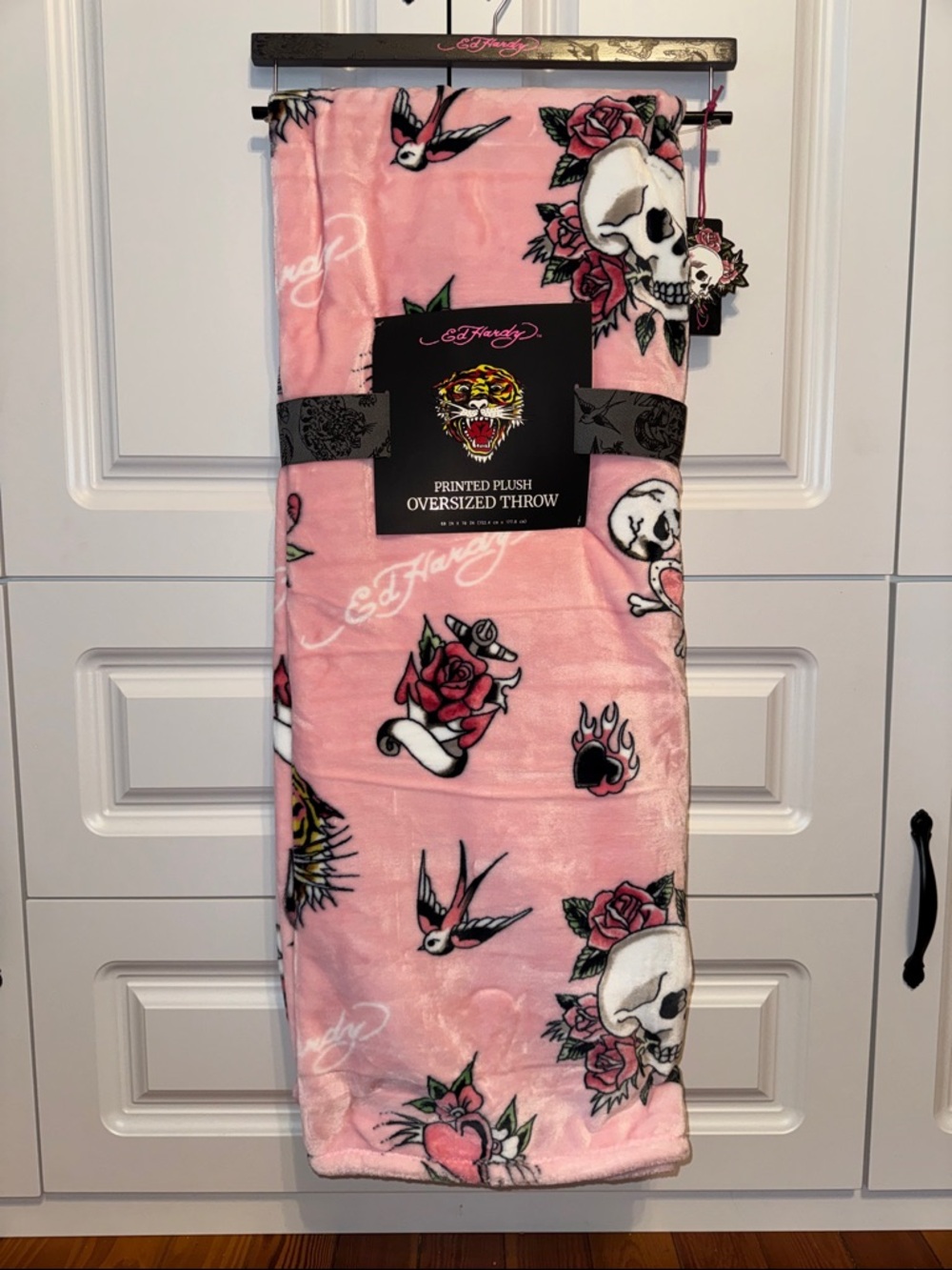 Ed Hardy Pink Skull & Rose Plush Oversized Throw